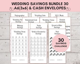 Wedding Savings Challenge, Savings Bundle A6, Printable Budget Binder Insert, A6 Cash Envelopes, Mini Tracker, Wedding Fund Set of 30