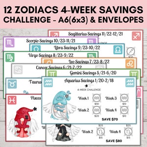 Monthly Savings Challenge Low Income, Low Income Savings Challenge, Savings Challenge Printable, A6 Savings Challenge ZODIAC GNOMES