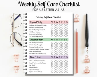 Self Care Checklist Printable PDF, Weekly Self Care Routine, Weekly Habit Tracker Printable, Wellness Planner Printable US LETTER, A4, A5