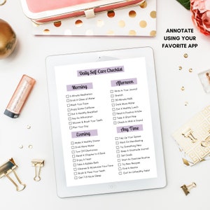 May include: A printable self-care checklist with a purple and white color scheme. The checklist is divided into three sections: Morning, Afternoon, and Evening. Each section includes a list of self-care activities, such as meditation, drinking water, eating a healthy breakfast, and getting enough sleep.