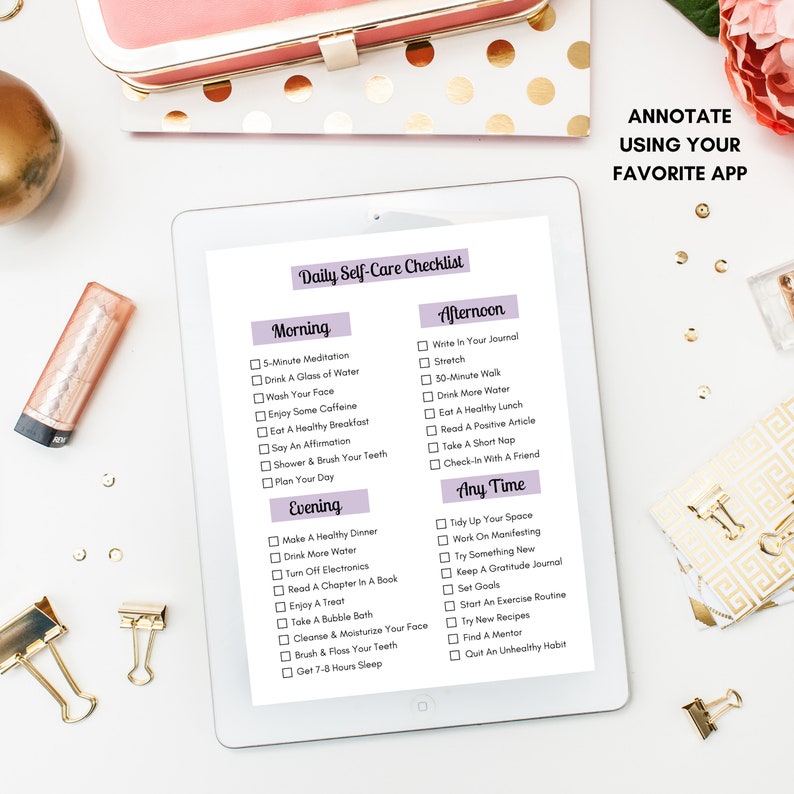May include: A printable self-care checklist with a purple and white color scheme. The checklist is divided into three sections: Morning, Afternoon, and Evening. Each section includes a list of self-care activities, such as meditation, drinking water, eating a healthy breakfast, and getting enough sleep.