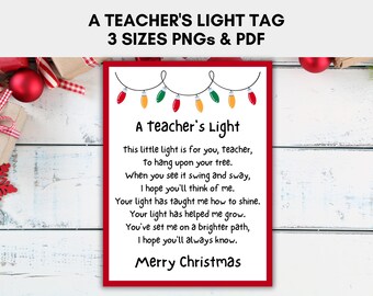 A Teacher's Light Card Tag in 3 sizes, Christmas Tags, Printable Card Poem for Teachers Ornaments, Instant Download