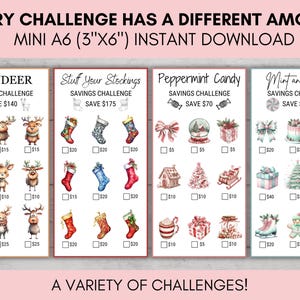 May include: Four printable savings challenges with watercolor illustrations. Themes include reindeer, stockings, peppermint candy, and mint and pink. Each challenge has a different savings goal and includes check boxes.