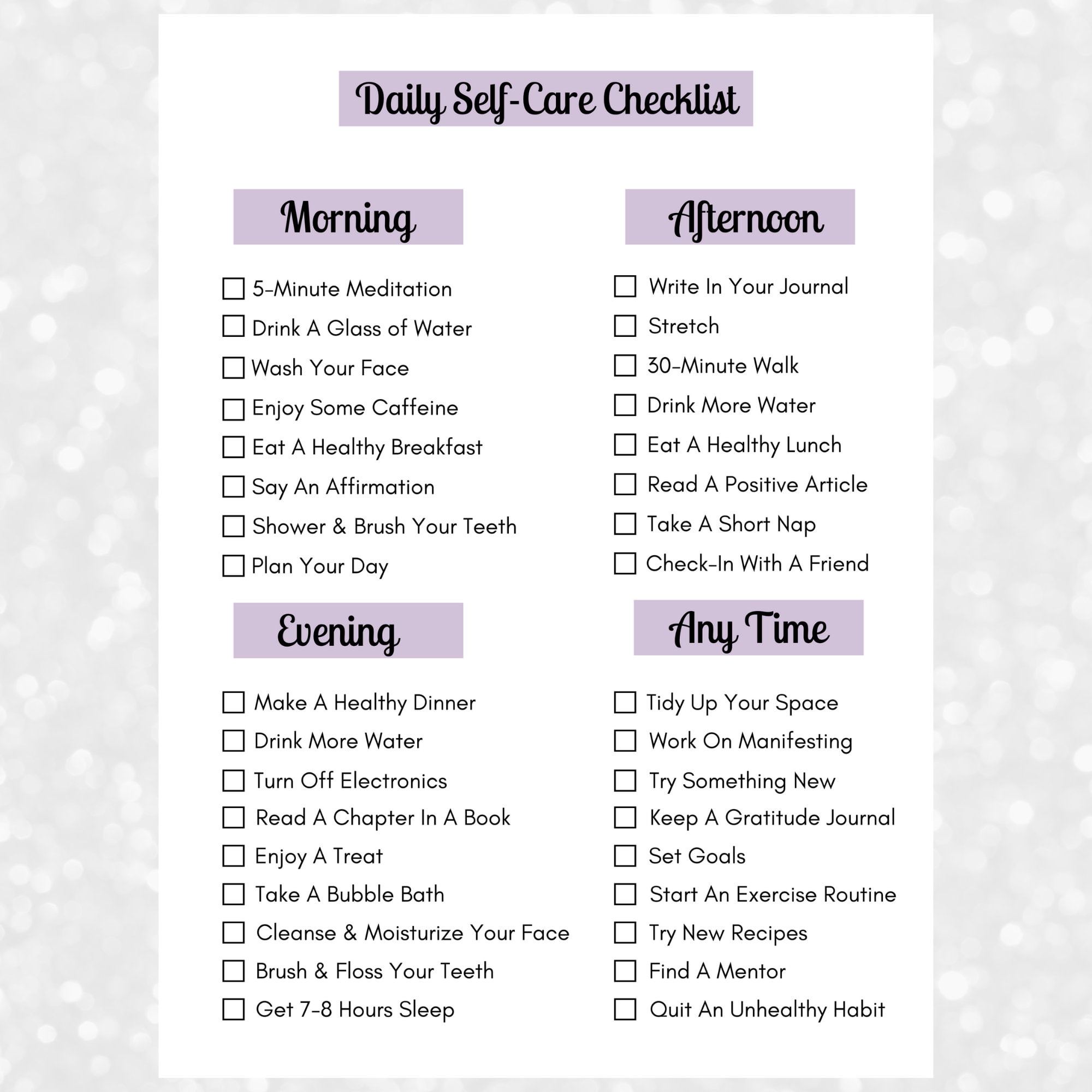 Daily Self Care Checklist, Day at A Glance, 1 Page Wellbeing Planner ...