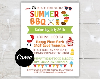 Summer BBQ Flyer Template, BBQ Potluck Flyer, Block Party Invite, Summer Cookout Flyer Editable, Canva Template