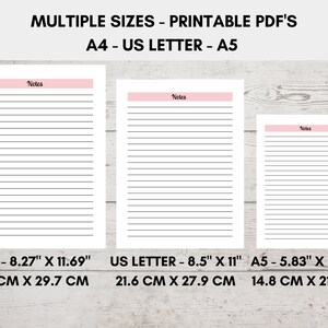 May include: Three printable lined note pages in different sizes: A4 (8.27" x 11.69", 21 cm x 29.7 cm), US Letter (8.5" x 11", 21.6 cm x 27.9 cm), and A5 (5.83" x 8.27", 14.8 cm x 21 cm). Each page has a pink header with the word "Notes".