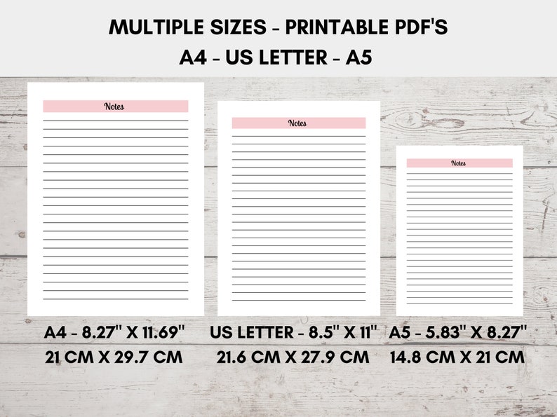 May include: Three printable lined note pages in different sizes: A4 (8.27" x 11.69", 21 cm x 29.7 cm), US Letter (8.5" x 11", 21.6 cm x 27.9 cm), and A5 (5.83" x 8.27", 14.8 cm x 21 cm). Each page has a pink header with the word "Notes".