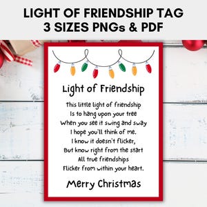 Light of Friendship Card Tag in 3 sizes, Christmas Tags, Printable Card Poem for Friendship Ornaments, Instant Download