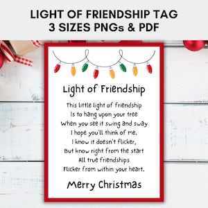 Light of Friendship Card Tag in 3 sizes, Christmas Tags, Printable Card Poem for Friendship Ornaments, Instant Download