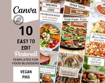 Pinterest Templates Food, Food Blogger Pinterest Templates, Food Pins, Recipe Template, Food Blogger Templates, 10 VEGAN Pins