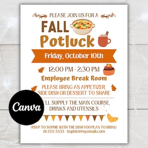 Fall Potluck Flyer Invitation, Fall Potluck Flyer Template, Fall Office Party Luncheon, Autumn Luncheon, Canva Template