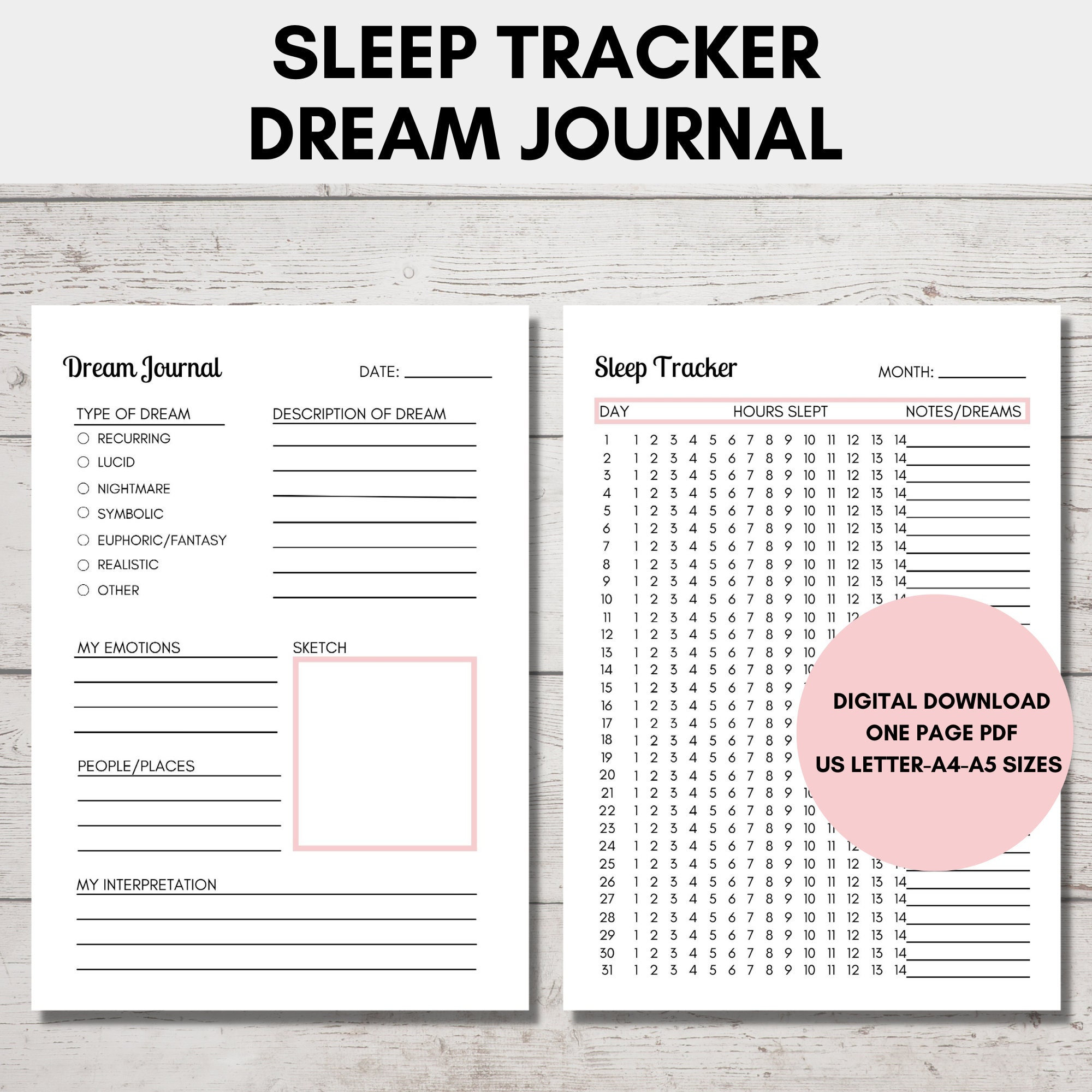 Dream Journal, Dream Tracker, Sleep Tracker Printable PDF, Sleep Tracker Template, Dream Journal Template, Planner Inserts, Dreams, Sleep