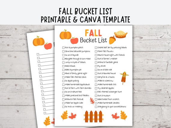 Fall Bucket List Printable, Fall Bucket List Template Editable, Editable Bucket List, Canva Bucket List Template, Fall Activities Checklist