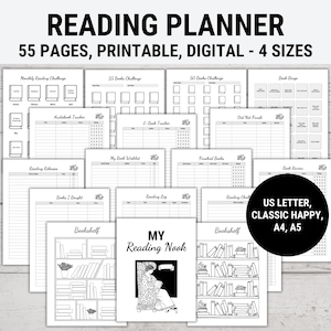 Reading Planner Bundle Printable, Book Reading Journal, Reading Challenges, Book Review Log Book, Monthly Reading Journal