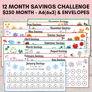 Monthly Savings Challenge Trackers, 250 Savings Challenge, A6 Mini Savings Challenge 6x3, 12 Months Savings Challenge, Cash Envelopes