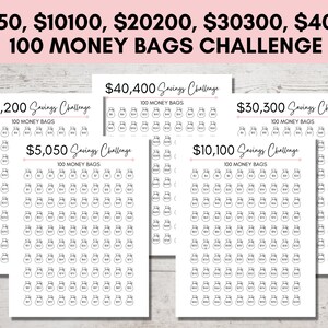 May include: A printable savings challenge chart with five different goals: $5,050, $10,100, $20,200, $30,300, and $40,400. Each goal has 100 money bag icons to fill in as you save.