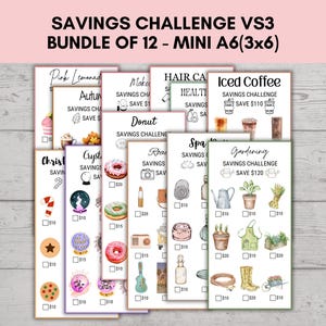 Peut inclure: Un ensemble de 12 feuilles de défi d'épargne mini A6 (7,6 x 15,2 cm). Chaque feuille présente un thème différent, notamment "Pink Lemonade", "Autumn", "Donut", "Spa" et "Gardening". Les feuilles ont des illustrations à l'aquarelle et des objectifs d'épargne.