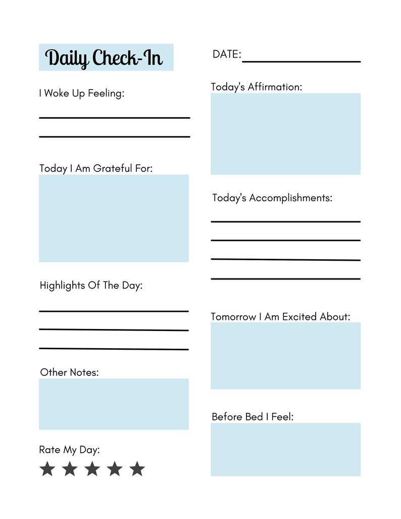 Daily Check in Journal Printable PDF Self Care Daily Check In Etsy