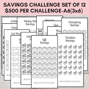 Savings Challenge Printable, A6 Savings Challenge Bundle, A6 Sized Mini Savings Challenge Trackers, 500 Savings Challenge, Set of 12