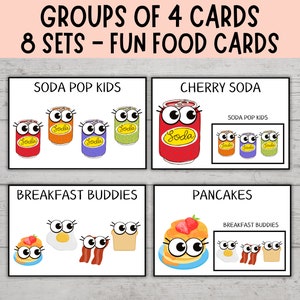 Groupes de 4 cartes d'associations, Gestion de classe, Cartes d'associations culinaires, Cartes d'associations petits groupes, ALIMENTS AMUSANTS