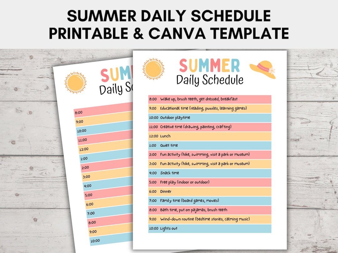 Summer Daily Schedule for Kids, Summer Schedule Printable Editable ...