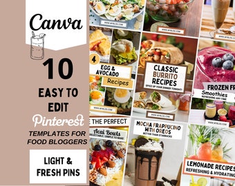 Pinterest Templates Food Blogger, Pinterest Pin Templates, Food Pins, Recipe Template, Food Blogger Template, 10 Light & Fresh Pins