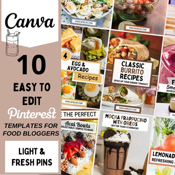 Pinterest Templates Food Blogger, Pinterest Pin Templates, Food Pins, Recipe Template, Food Blogger Template, 10 Light & Fresh Pins