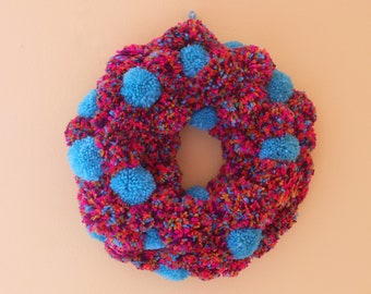 Rainbow and Turquoise Pom Pom Wreath - "Bohemian Rainbow"