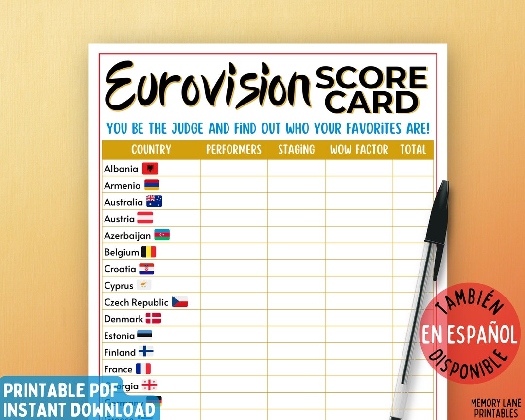 Eurovision Score Cards Eurovision Party Game Printable Eurovision Song