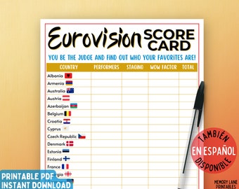 Eurovision Score Cards | Eurovision Party Game | Printable Eurovision Song Contest Score Sheets | Adult Games | Kids Games | Family Games