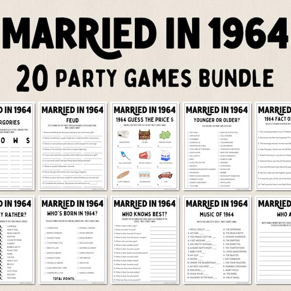 Spelbundel voor 60-jarig jubileum | Getrouwd in 1964 Spelen | 60-jarig huwelijksjubileumspellen | Leuke afdrukbare spellen | Feestspellen | Spellen voor volwassenen