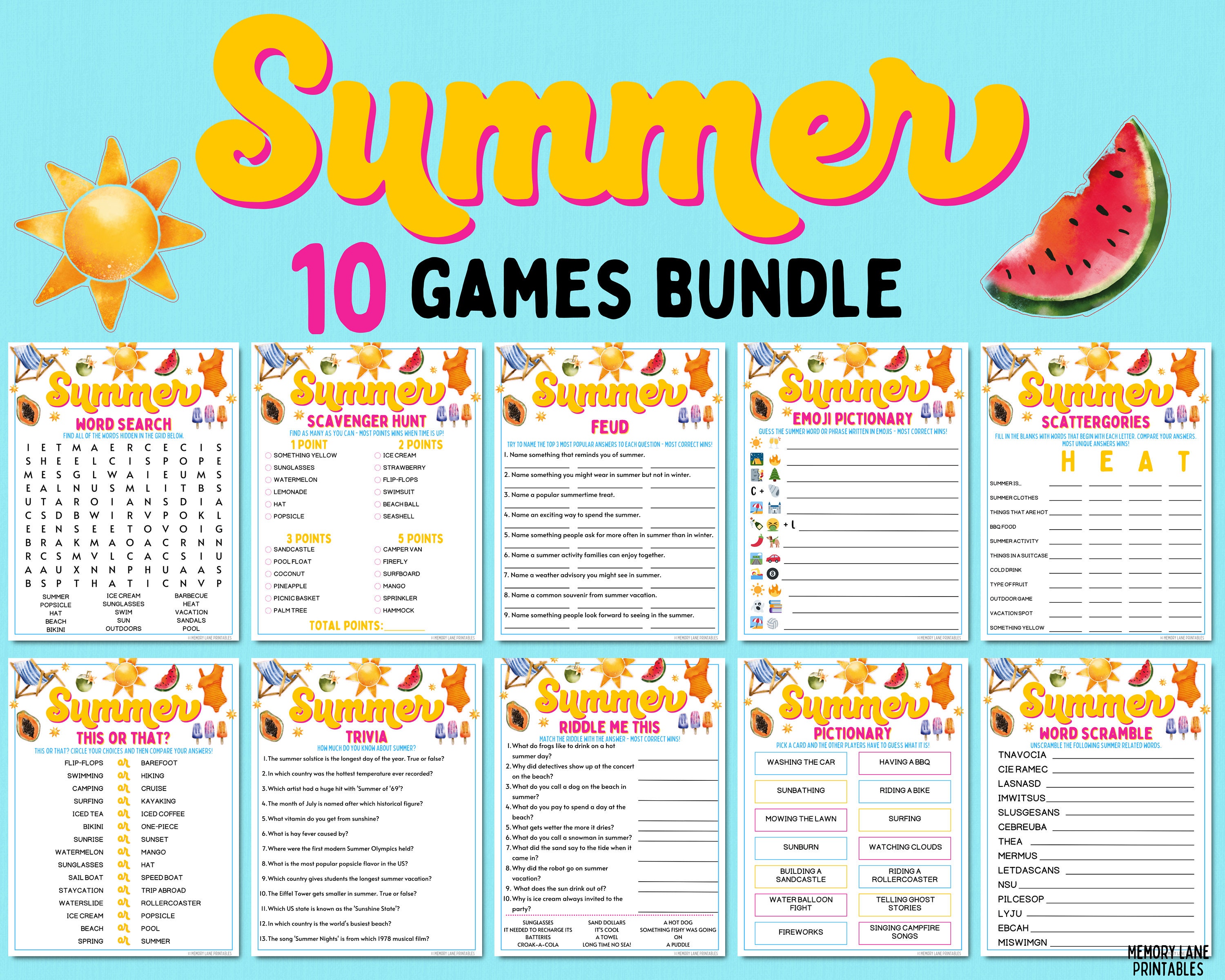 Summer Games Bundle Summer Party Games Fun Printable Summertime Games ...