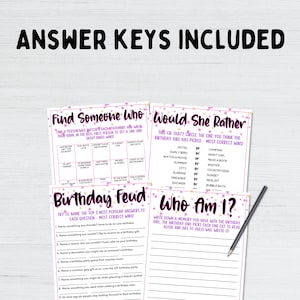 May include: Four printable game cards with pink and purple accents and gold stars. The games are "Find Someone Who", "Would She Rather", "Birthday Feud", and "Who Am I?" Each card has a different game format and instructions.