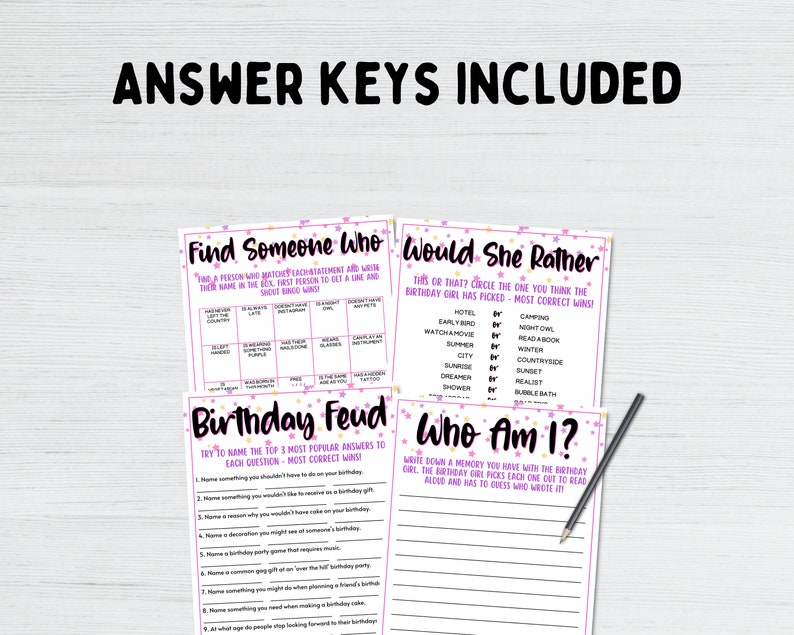 May include: Four printable game cards with pink and purple accents and gold stars. The games are "Find Someone Who", "Would She Rather", "Birthday Feud", and "Who Am I?" Each card has a different game format and instructions.