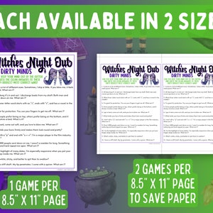 K&ouml;nnte beinhalten: Zwei druckbare Spielkarten mit einem Hexen-Thema. Die Karten sind mit "Witches Night Out Dirty Minds" betitelt und beinhalten ein R&auml;tselspiel mit 12 Fragen. Die Karten sind f&uuml;r den Druck auf Papier im Format 8,5 x 11 Zoll konzipiert und k&ouml;nnen mit zwei Spielen pro Seite gedruckt werden, um Papier zu sparen.