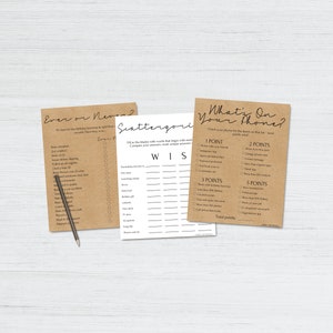 May include: Three printable game cards with brown backgrounds. The first card is titled "Ever or Never?" and has a list of questions. The second card is titled "Scattergories" and has a list of categories. The third card is titled "What's On Your Phone?" and has a list of prompts for a phone game.