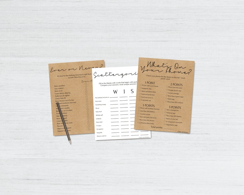 May include: Three printable game cards with brown backgrounds. The first card is titled "Ever or Never?" and has a list of questions. The second card is titled "Scattergories" and has a list of categories. The third card is titled "What's On Your Phone?" and has a list of prompts for a phone game.