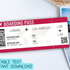 Modèle de carte d'embarquement modifiable | Billet de voyage surprise | Cadeau de vacances personnalisé | Cadeau voyage surprise personnalisé | Pour lui, pour elle