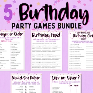 May include: Five printable birthday party game cards with pink and purple backgrounds and white text. The games include "Younger or Older", "Birthday Feud", "Who Knows the Birthday Girl Best?", "Would She Rather", and "Ever or Never?"