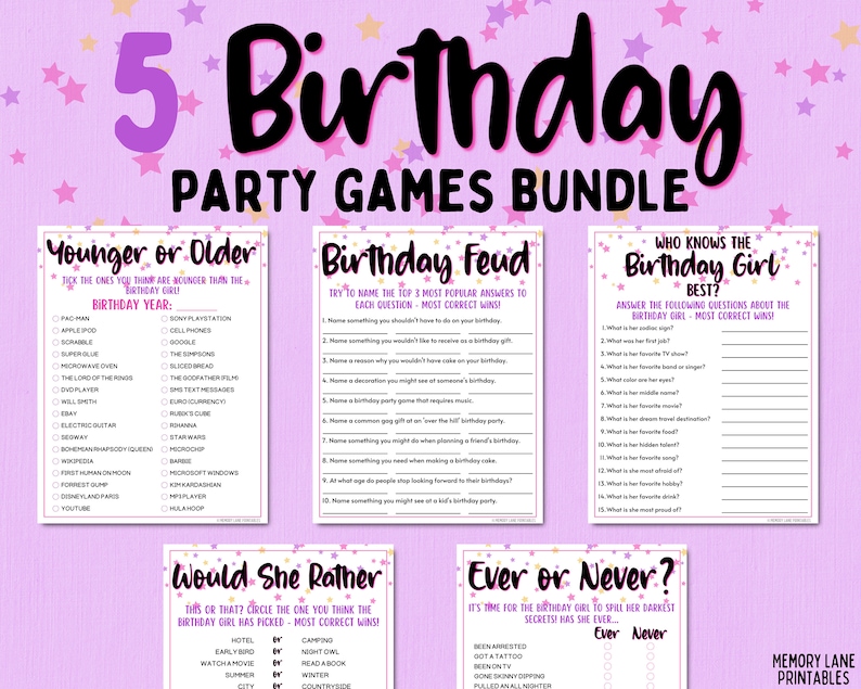 May include: Five printable birthday party game cards with pink and purple backgrounds and white text. The games include "Younger or Older", "Birthday Feud", "Who Knows the Birthday Girl Best?", "Would She Rather", and "Ever or Never?"