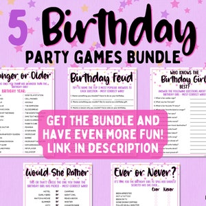May include: A set of five printable birthday party games with pink, purple, and yellow stars on a pink background. The games include "Younger or Older", "Birthday Feud", "Who Knows the Birthday Girl Best?", "Would She Rather", and "Ever or Never?"