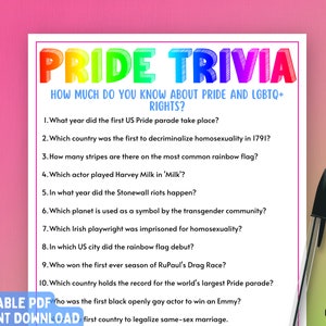 Jeu-questionnaire sur la fierté | Jeu de fête de la fierté LGBTQ + | Jeu de fête de la fierté | Rainbow Gay Lesbian Party Jeu | Jeu de fierté imprimable amusant | Jeu adulte
