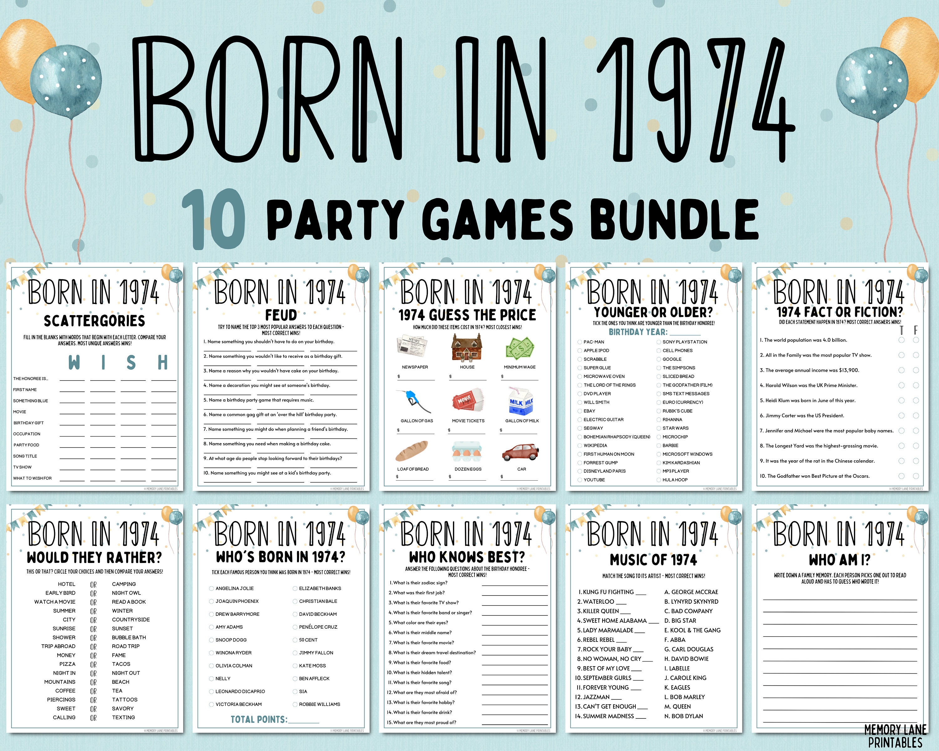 50th Birthday Party Games Bundle Born in 1974 Games 50th Birthday Games ...