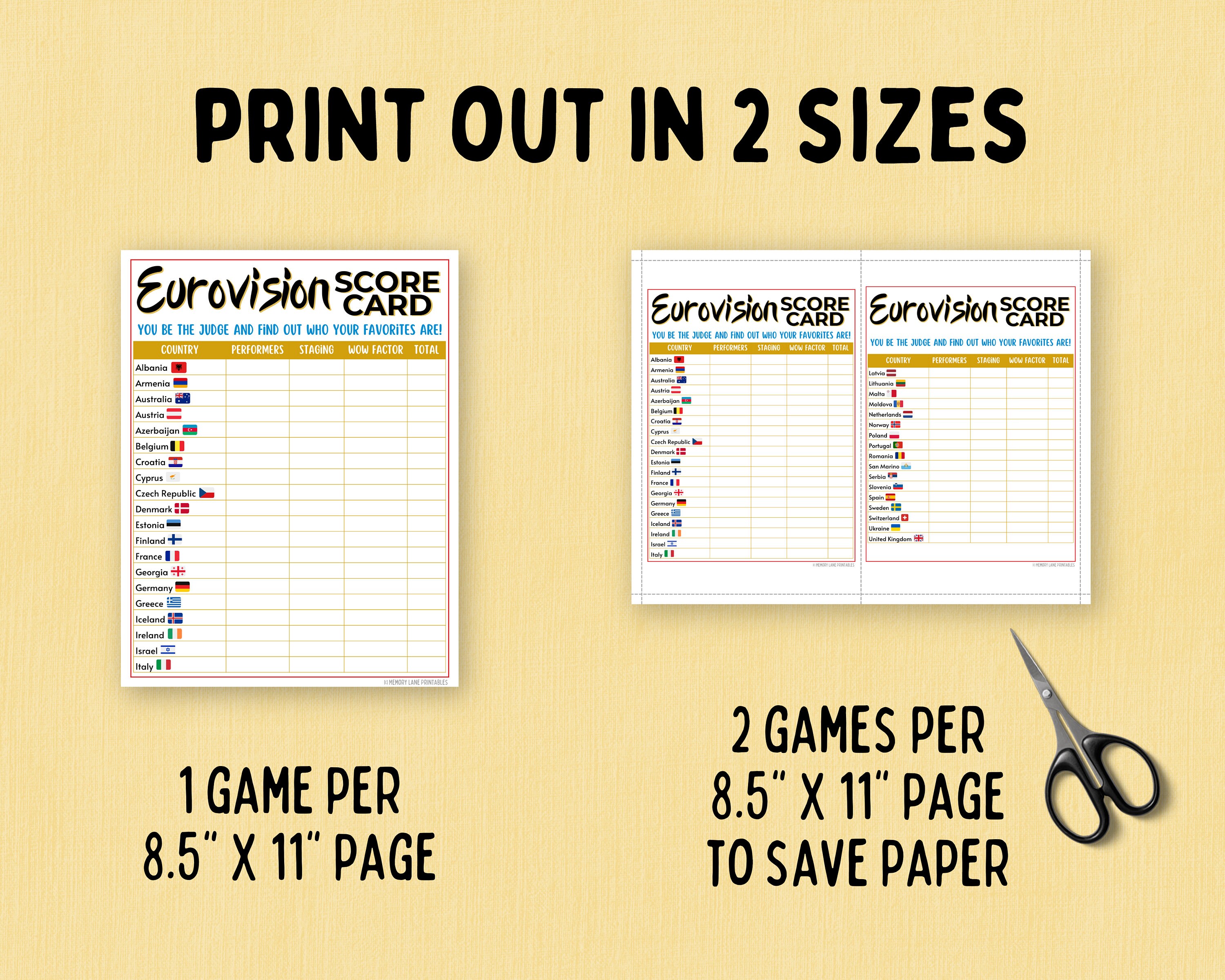 Eurovision Score Cards Eurovision Party Game Printable Eurovision Song
