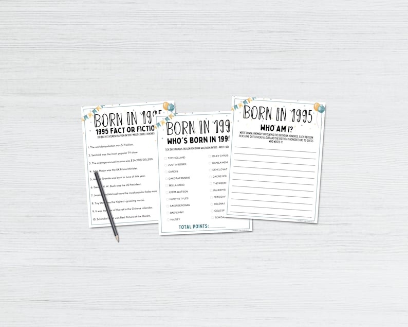 Puede incluir: Tres hojas de papel blanco con el texto "BORN IN 1995" y otro texto. Una hoja se titula "1995 FACT OR FICTION", otra "WHO'S BORN IN 199!" y la tercera "WHO AM I?". Un l&aacute;piz descansa sobre la superficie.
