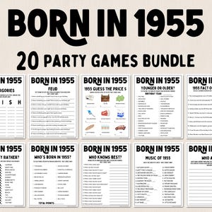 Puede incluir: Un paquete de juegos de fiesta imprimibles para personas nacidas en 1955. El paquete incluye 20 juegos diferentes, como Scattergories, Feud, Adivina el precio, Más joven o más viejo, Hecho o ficción, Preferiría, Quién nació en 1955, Quién sabe mejor, Música de 1955 y Quién soy yo. Los juegos son todos en blanco y negro y tienen un diseño simple.