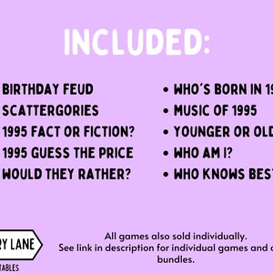Puede incluir: Gr&aacute;fico de color lila con una lista de juegos, incluyendo "Birthday Feud" y "Scattergories". La palabra "INCLUDED" est&aacute; en blanco en la parte superior. El logotipo de Memory Lane Printables est&aacute; en la parte inferior de la imagen.