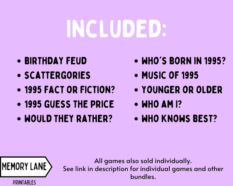 Puede incluir: Gr&aacute;fico de color lila con una lista de juegos, incluyendo "Birthday Feud" y "Scattergories". La palabra "INCLUDED" est&aacute; en blanco en la parte superior. El logotipo de Memory Lane Printables est&aacute; en la parte inferior de la imagen.