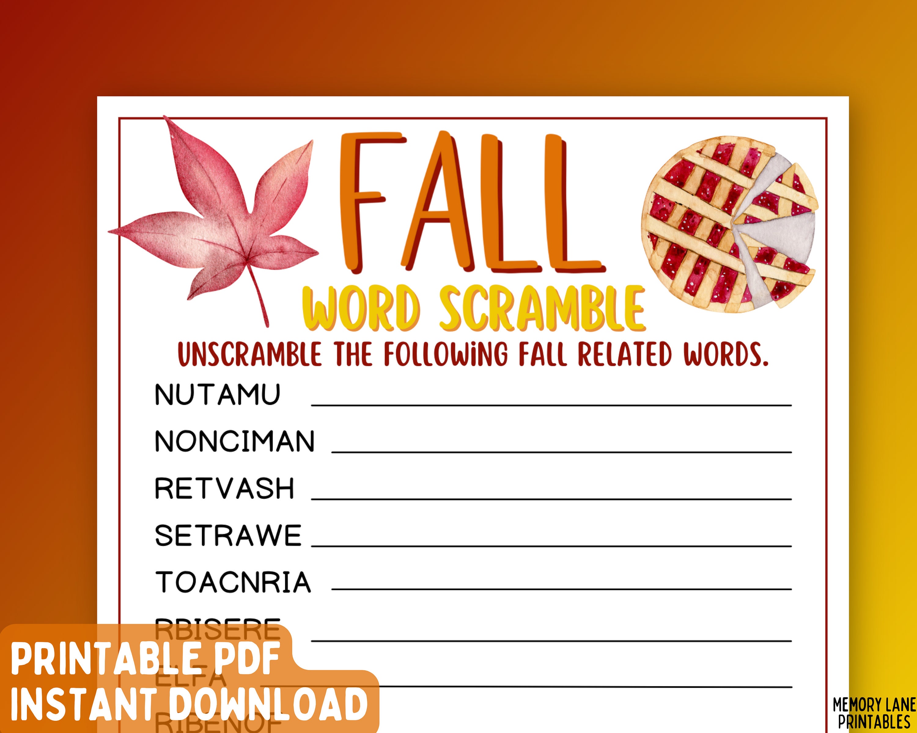 Fall Word Scramble Game Autumn Party Game Fun Printable - Etsy