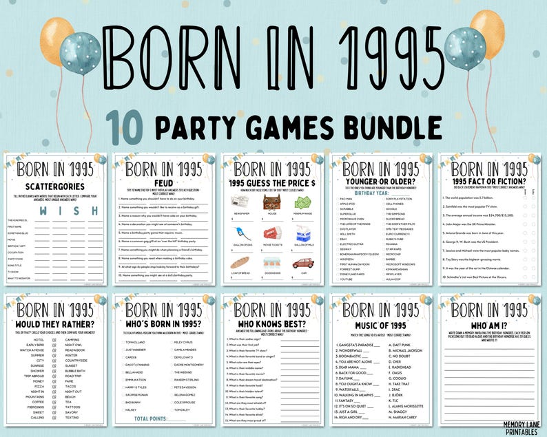 Puede incluir: Un conjunto de diez juegos de fiesta con un tema azul y dorado, titulado "Born in 1995". Los juegos incluyen Scattergories, Feud, Guess the Price, Younger or Older, Fact or Fiction, Would They Rather, Who's Born in 1995?, Who Knows Best?, Music of 1995 y Who Am I.